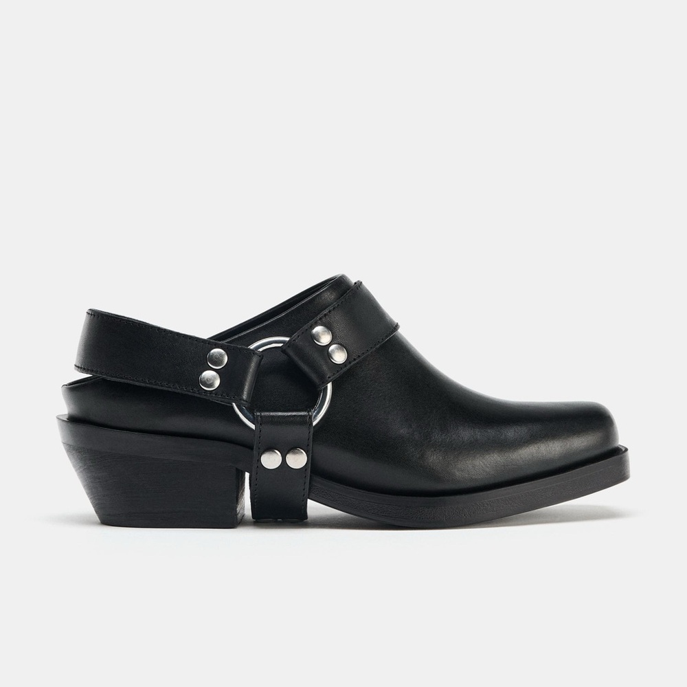 Zara Black Leather Mule Clogs with Silver Hardware